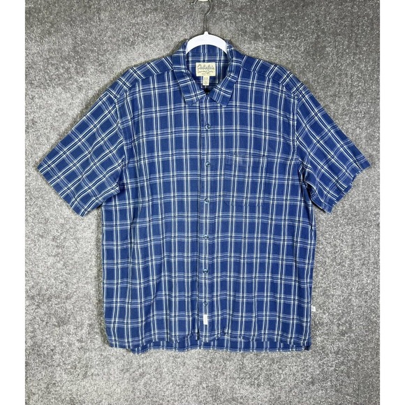 Cabelas Short Sleeve Knit Button Up Shirt Mens Size XL Blue Cotton Pocket Collar - Picture 1 of 14